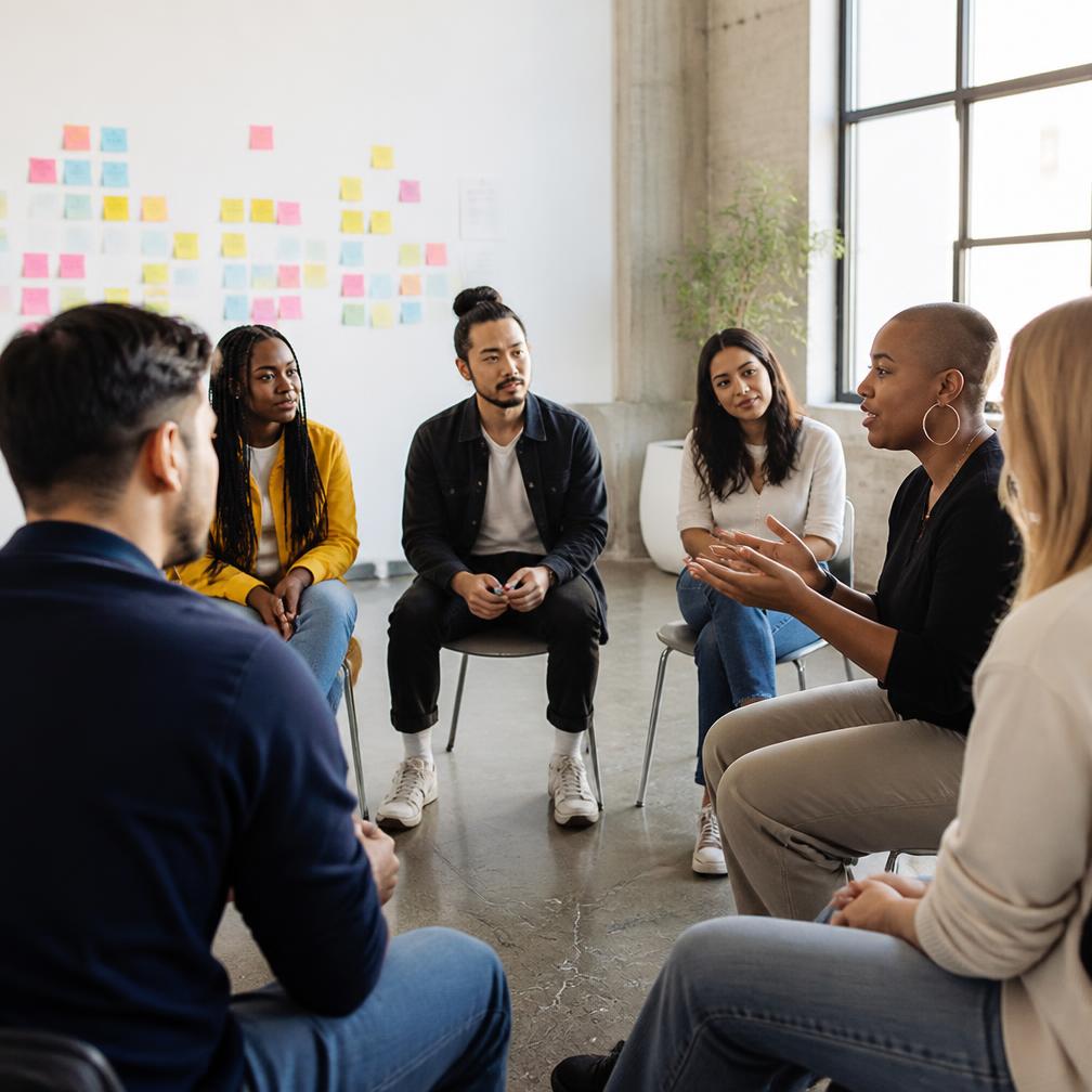 Junge Erwachsene diskutieren gemeinsam in einem Workshop